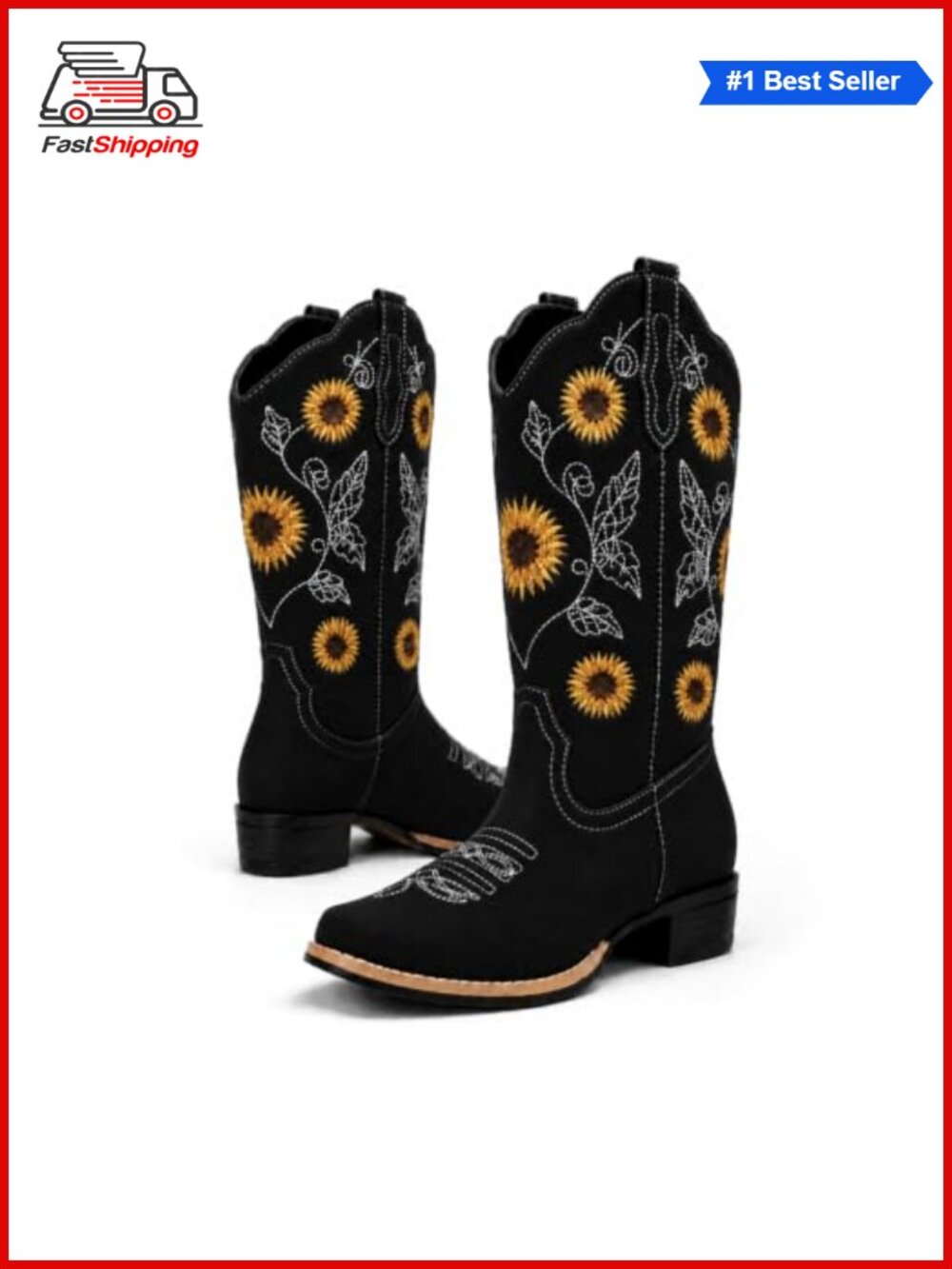 ✨ Sunflower Embroidered Square Toe Mid Calf Cowboy Boots Low Heel